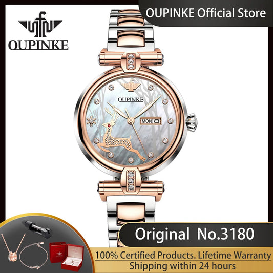 Oupinke Damen mechanische Uhren Mode Diamant Hirsch Design Armbanduhr Top Luxus Stahl armband Automatik uhr für Frauen