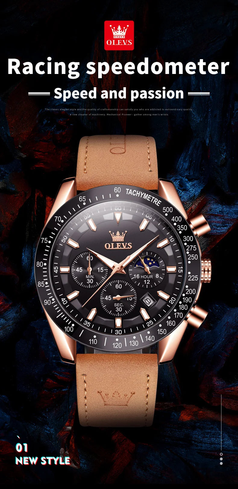 OLEVS herren Uhren Beliebte Mode Original Quarzuhr für Mann Chronograph Wasserdichte Leder Armbanduhr Luminous Mond Phase