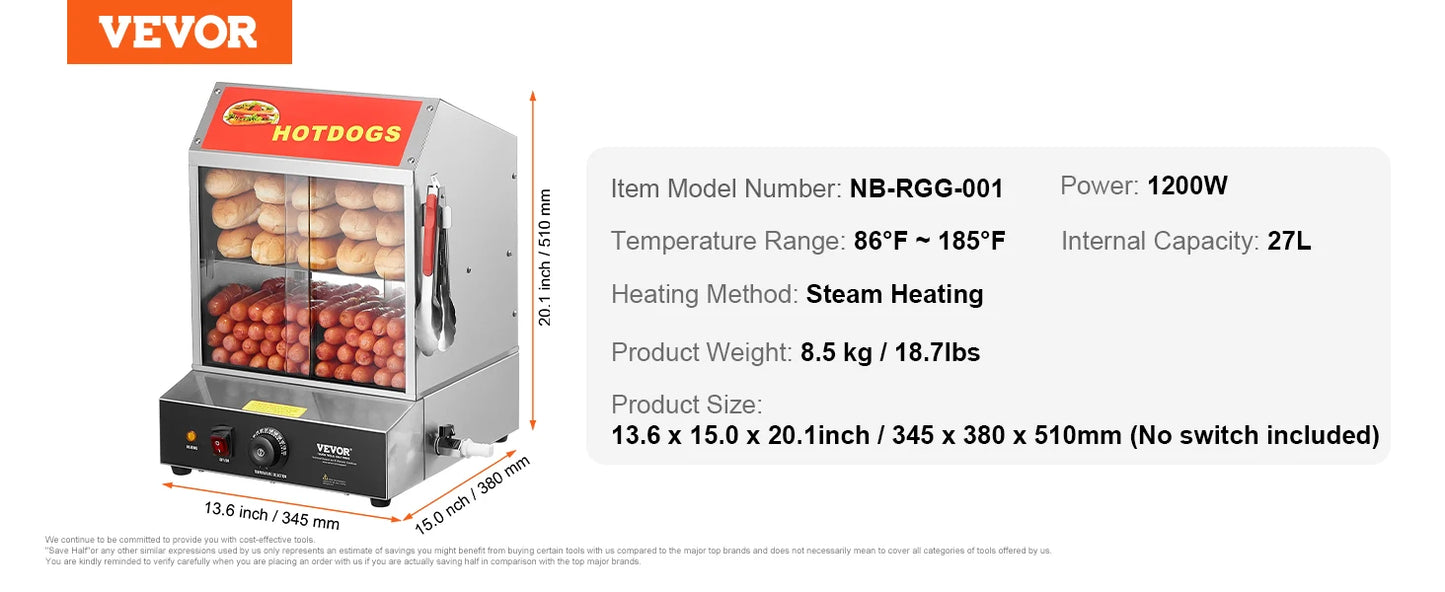 VEVOR Hot Dog Dampfgarer, 27L, 2-stufiger Hot Dog Hütten-Dampfgarer, 30℃~85℃ Temperaturregelung, elektrischer Brötchenwärmer mit Schiebetüren aus gehärtetem Glas, Trennplattenzange, Edelstahl, für Hot Dogs & Brötch