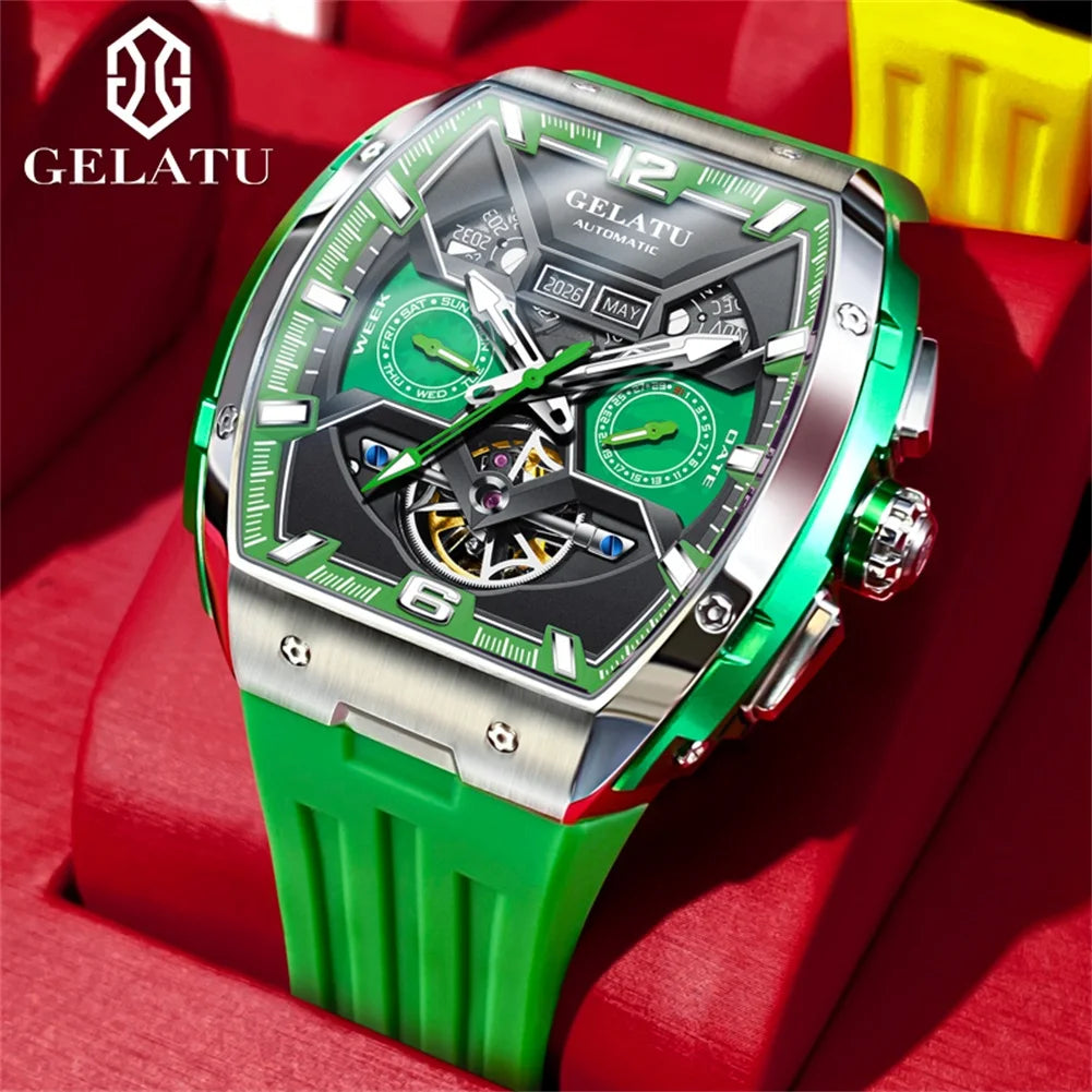 GELATU 6013 Herren-Luxus-Hohl-Automatik-Mechanik-Originaluhr, neues Skelett, wasserdicht, multifunktionale Marken-Herrenuhr