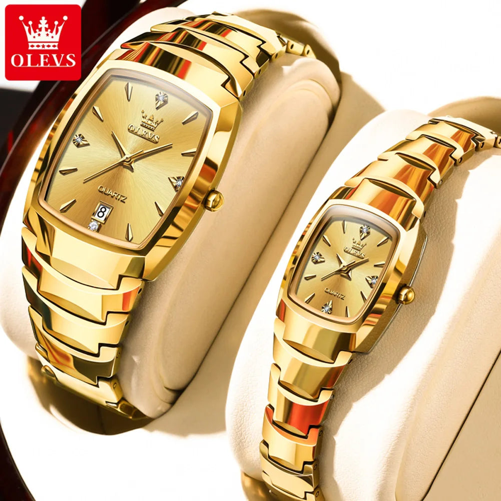 OLEVS Paar Uhren Luxus Gold Original Armbanduhr Wasserdicht Wolfram Stahl Datum Sie und Ihn Uhr Set Jahrestag Geschenk