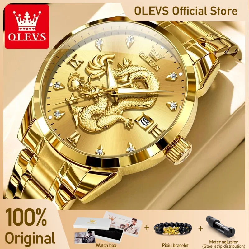 Olevs Herren uhren Top Marke Mode Original Quarzuhr für Mann China Loong Drachen Zifferblatt wasserdicht leuchtende Datum Olevs 3619