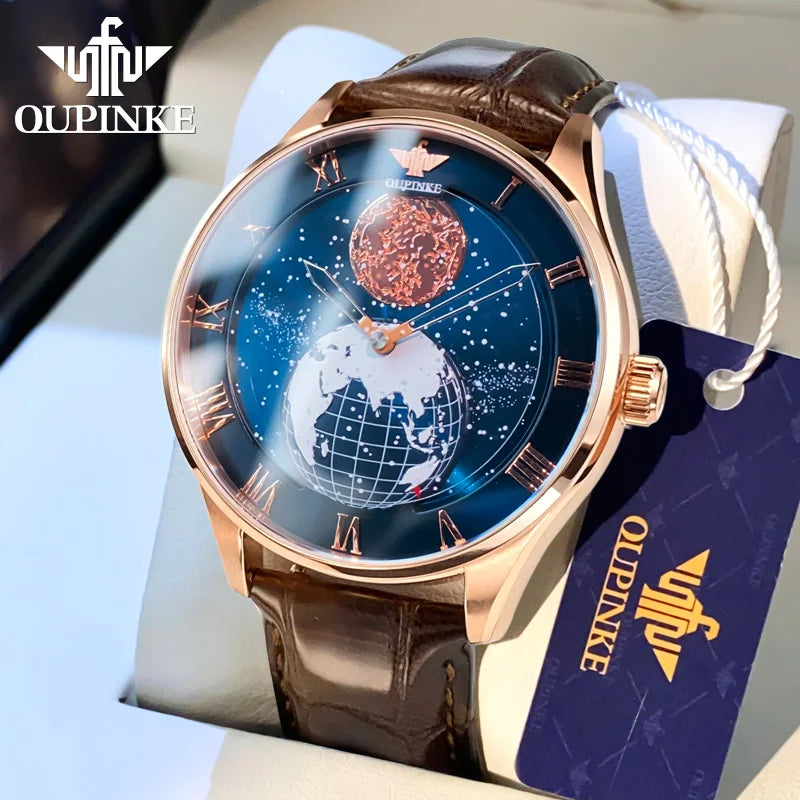 OUPINKE 3230 Men's Fully Automatic Mechanical Watch High Quality CITIZEN Movement Watch 3D Earth Starry Sky Business Men's Watch