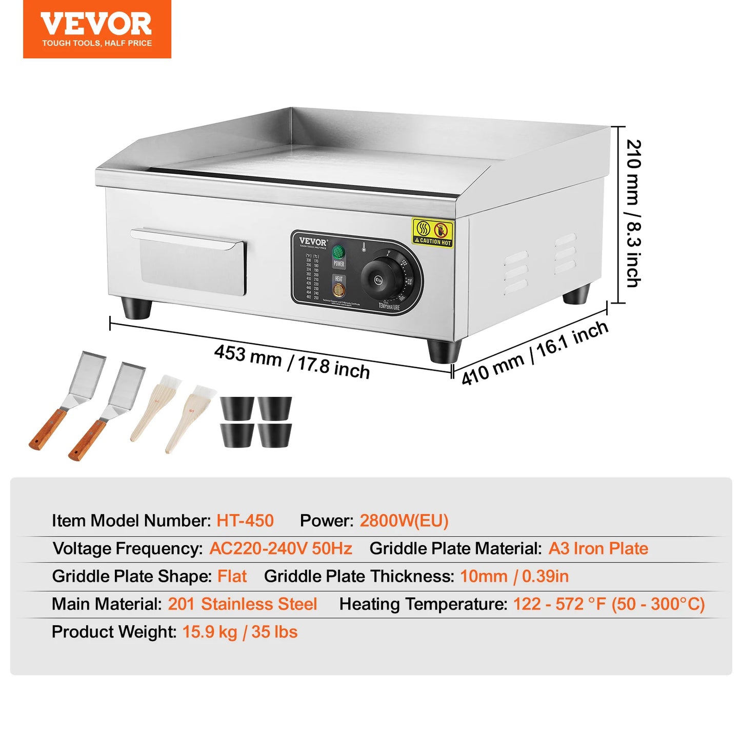 VEVOR Kommerzieller elektrischer Grill, 4400 W, flache Grillplatte für die Arbeitsplatte, einstellbare Temperatur von 122 °F bis 572 °F, 28,74 x 15,75 x 0,39 Zoll, Grillplatte aus Edelstahl mit 2 Schaufeln und 2 Bürste