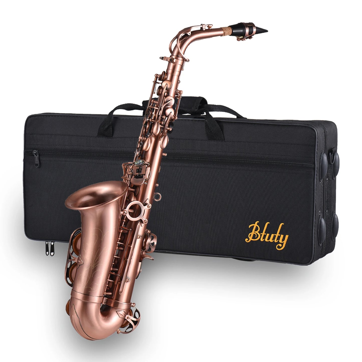 Btuty Professional Red Bronze Bend Eb E-flat Alto Saxophone Sax Abalone Shell Key Carve Pattern with Case Handschuhe Reinigungstuch