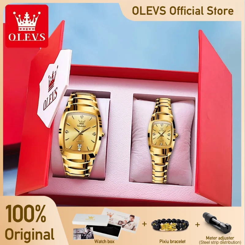 OLEVS Paar Uhren Luxus Gold Original Armbanduhr Wasserdicht Wolfram Stahl Datum Sie und Ihn Uhr Set Jahrestag Geschenk