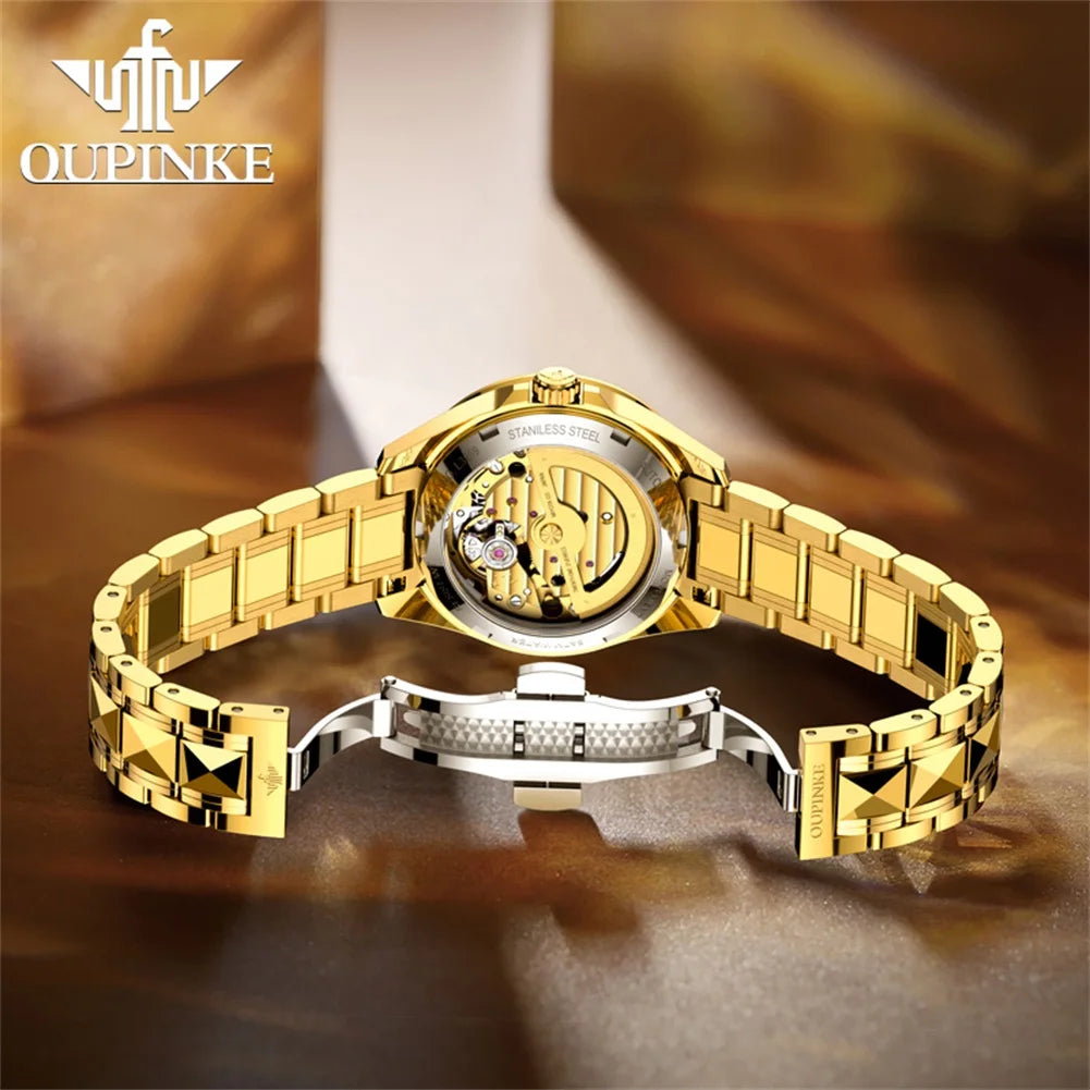 Oupinke 3259 echte Gold automatische mechanische Uhr für Frauen Damen Handuhr Original Luxus Wolfram Stahl armband Uhr Frauen