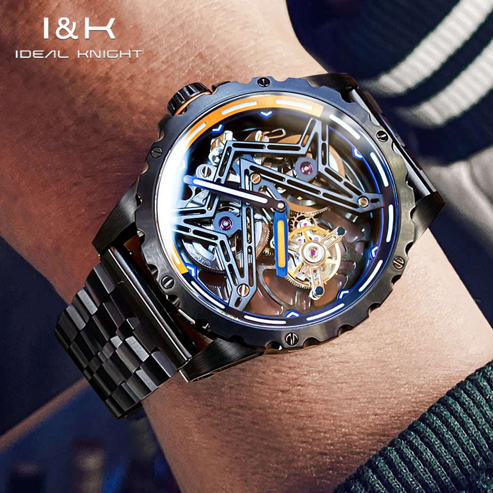 Ideal Knight Tourbillon Automatic Watch for Men Orange Blue Luminous Dial Fashion Black Steel Strap Hand Clock Great Wall Series