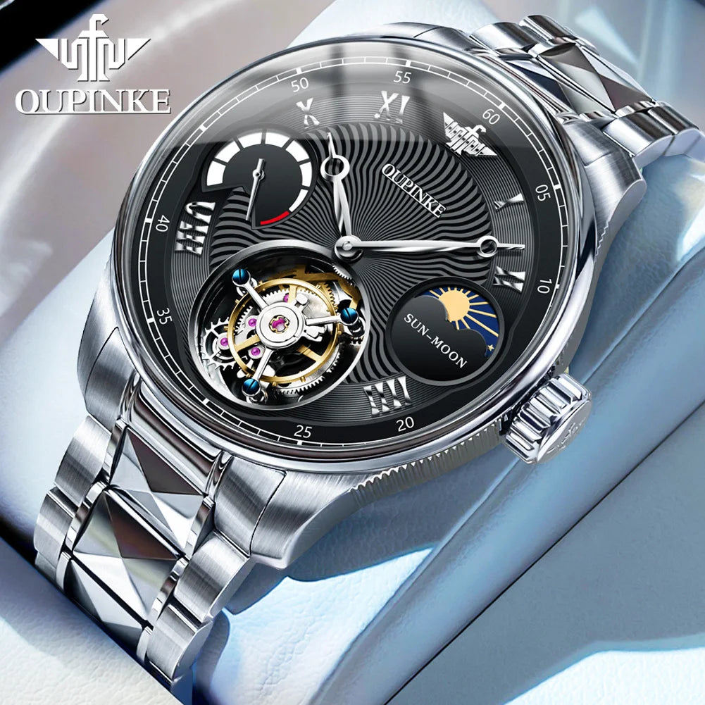 OUPINKE 8001 Tourbillon Men's Watch Luxury Brand Sapphire Waterproof Luminous Moonphase Watch Men's Automatic Mechanical Watch