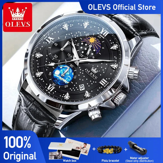 Olevs Herren uhren Original Quarzuhr für Mann Multi funcion Chronograph wasserdicht leuchtende Mondphase 24 Stunden Anzeige