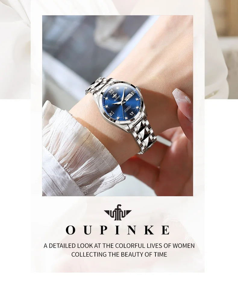 Oupinke Damen mechanische Armbanduhr Wolfram Stahl Diamant waage Original Japan Uhrwerk voll automatische Uhr für Frauen