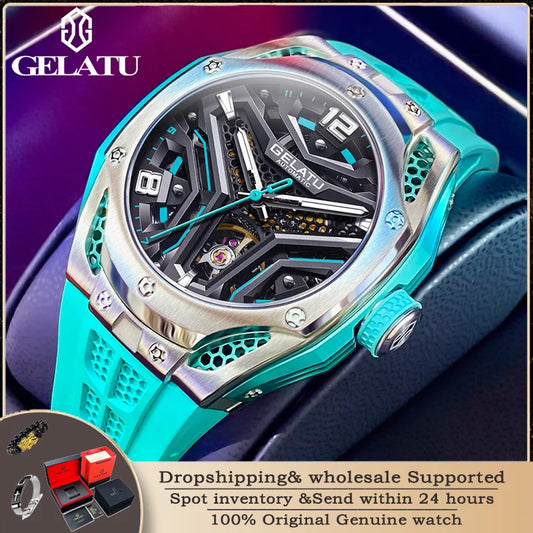 Gelatu aushöhlen Herren voll automatische mechanische Uhr Silikon armband Luxusmarke Uhr trend ige Sport Typ Herren uhr