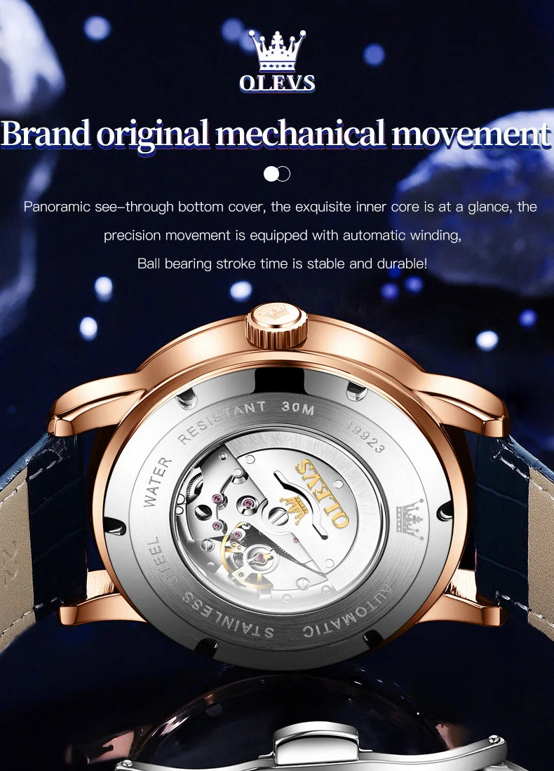 OLEVS herren Uhren Mondphase Automatische Mechanische Uhr für Mann Blau Leder Luxus Kleid Wasserdicht Leucht Armbanduhr