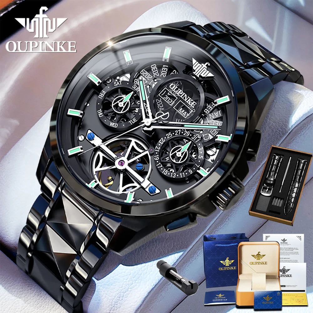 Oupinke 3233 neue automatische mechanische Uhr für Männer hohle 42mm große Zifferblatt Handuhr Wolfram Stahl armband Original Herren uhren