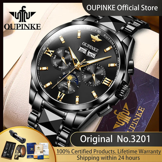 Oupinke Mondphase mechanische Uhr für Männer Luxus Top Marke Saphir Spiegel wasserdichte elegante Herren automatische Armbanduhr