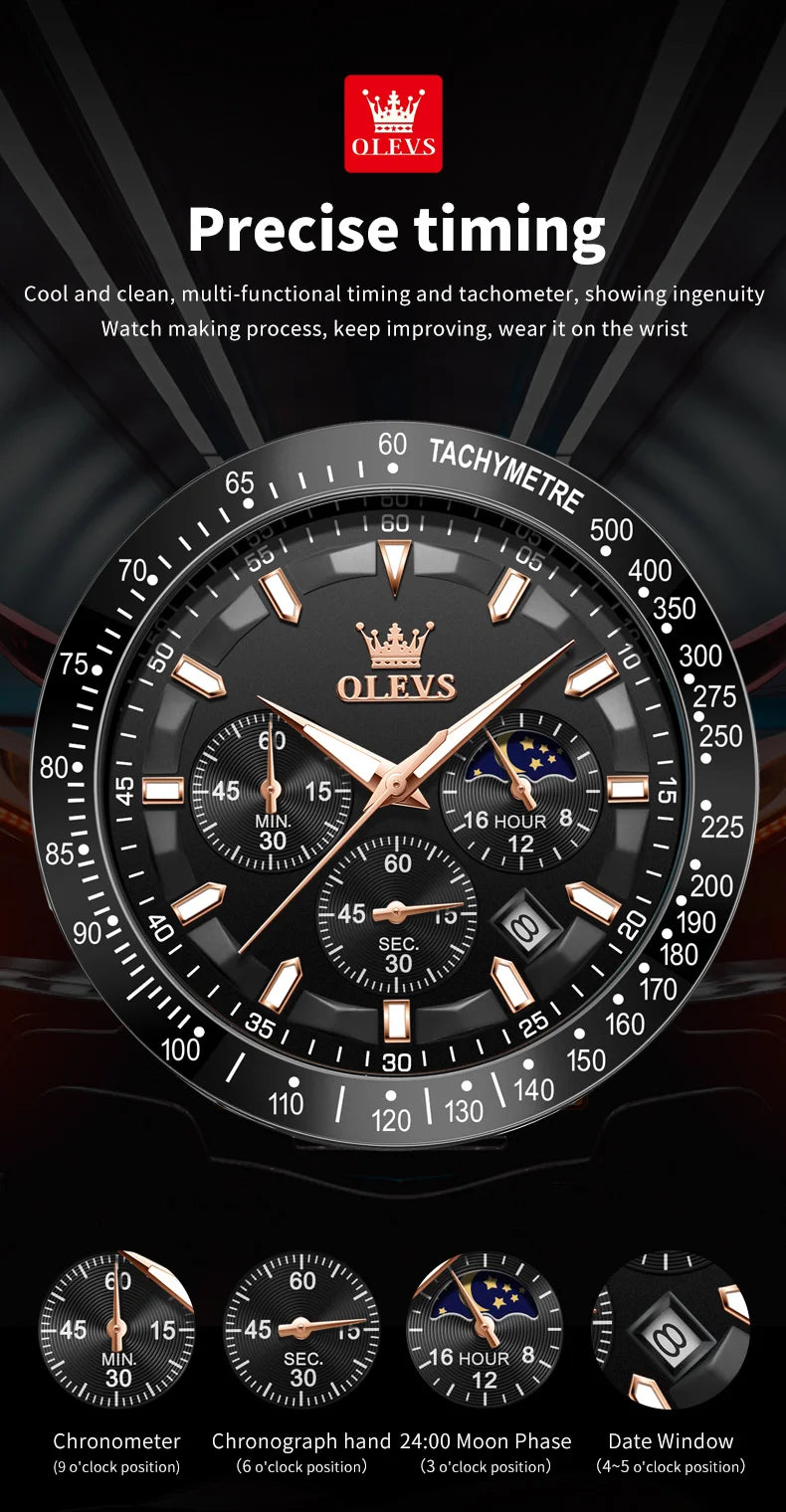 OLEVS herren Uhren Beliebte Mode Original Quarzuhr für Mann Chronograph Wasserdichte Leder Armbanduhr Luminous Mond Phase