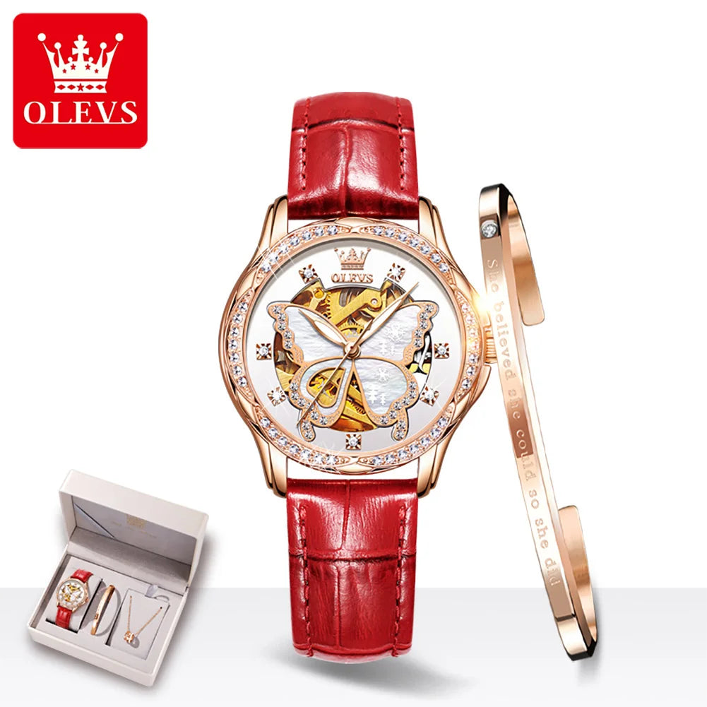 OLEVS Top Marke Mechanische Frauen Uhr Mode Schweiz Luxus Marke Damen Armbanduhr Automatische Lederband Geschenk