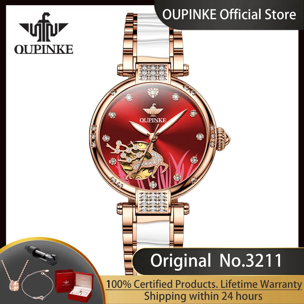 Oupinke 3211 aushöhlen Diamant Hirsch Automatik uhr für Frauen Japan mechanisches Uhrwerk Keramik armband Luxus Damen Schreib uhren