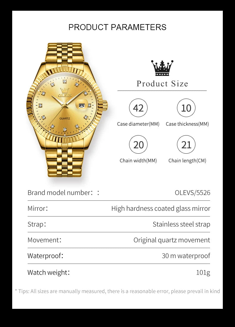 Olevs Herren uhren Luxus Gold Original Quarz Armbanduhr wasserdichte leuchtende Lupe Datum Diamant waage Casual Daily Dress