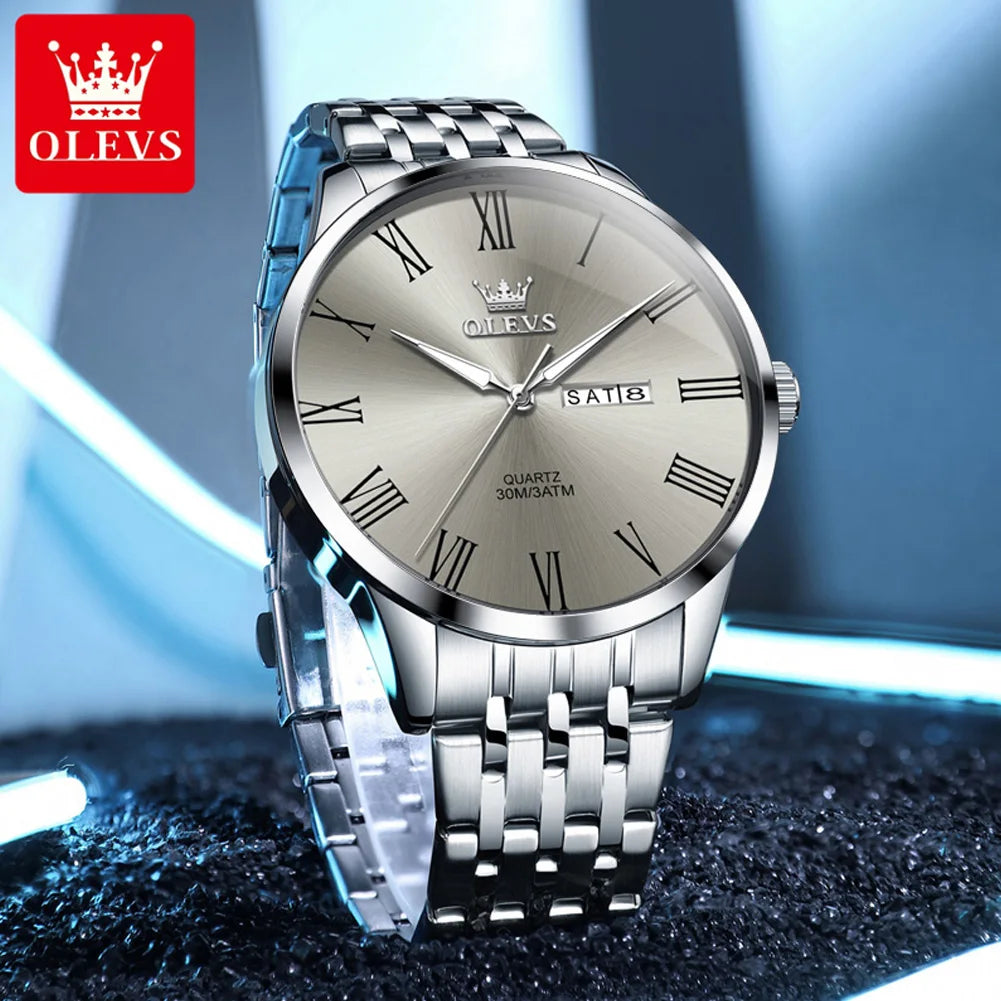 OLEVS 3633 Herrenuhr Business Simply Original Quarzuhr für Herren, wasserdicht, leuchtend, Edelstahl, Dual-Kalenderanzeige