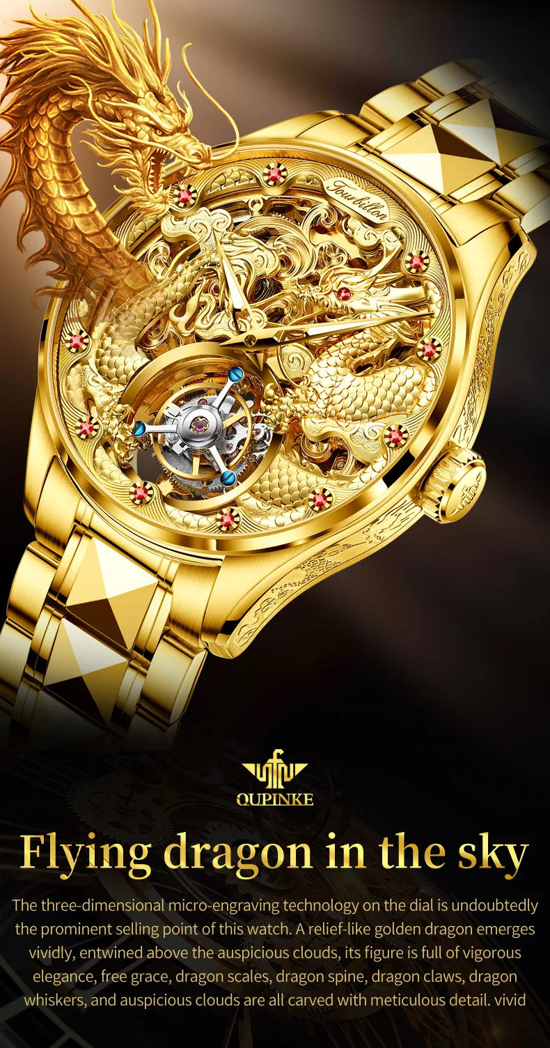 Oupinke High-End-Tourbillon Golden Dragon Herren uhr wasserdichte Wolfram Stahl Luxusmarke automatische mechanische Herren uhr