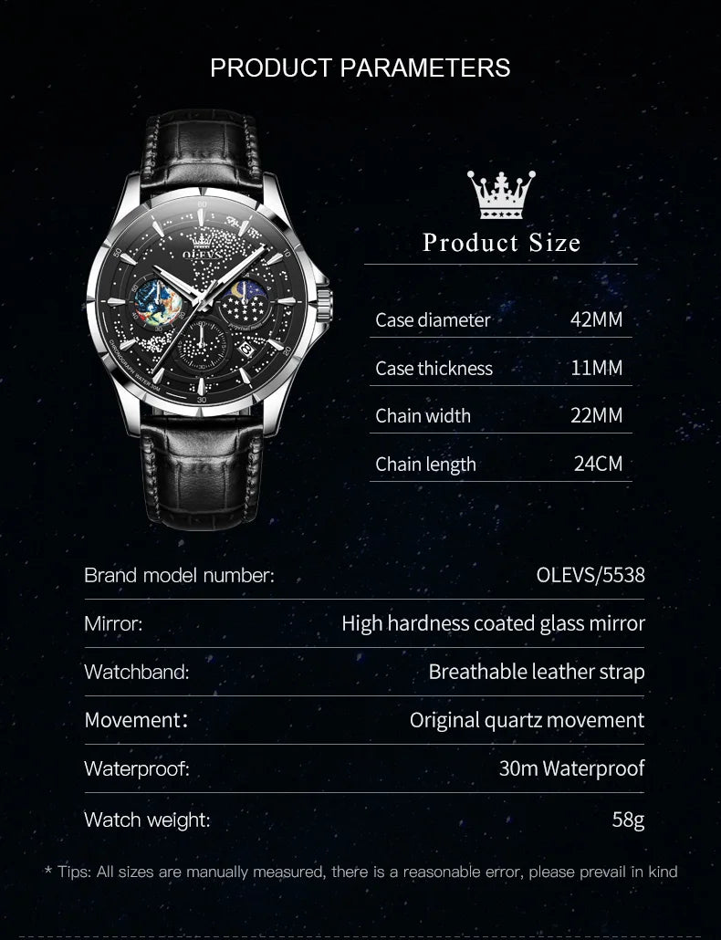 Olevs Herren uhren multifunktion ale Original Quarz Armbanduhr wasserdichte Leder Leucht uhr für Mann Chronograph Mondphase