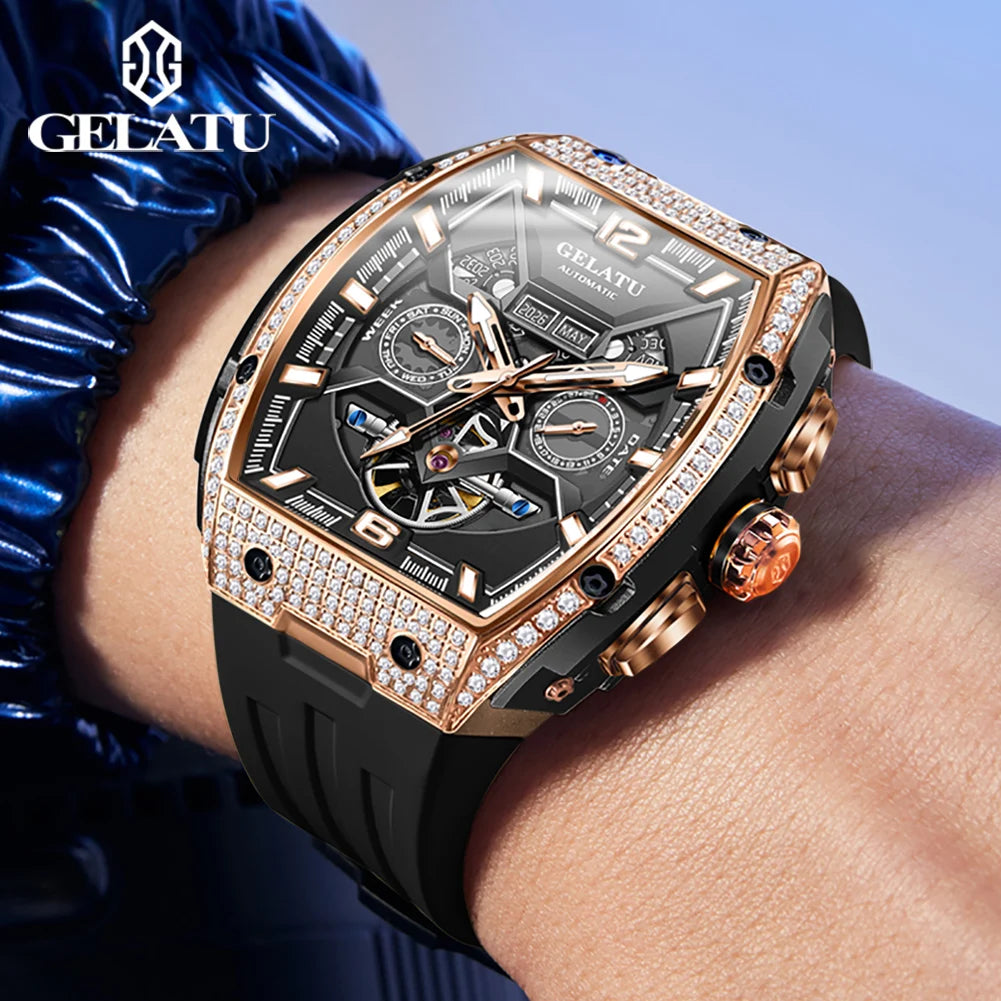 Gelatu 6016 Diamant hohl Luxus mechanische Herren uhr automatische Datum wasserdichte Silikon uhr Top Marke Uhr reloj hombre