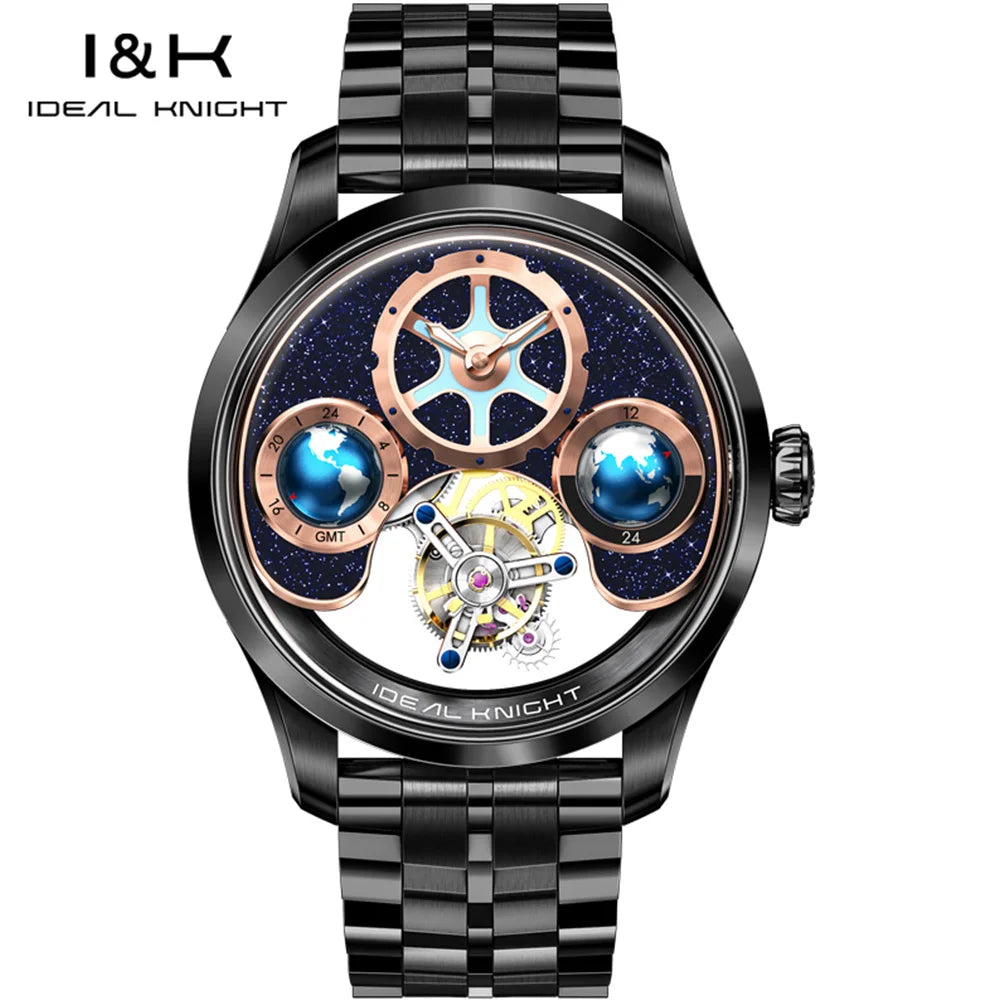 Ideal Knight 6805 Tourbillon Watch for Men 3D Rotating Blue Earth Design 12 Hours Tray Skeleton Waterproof Men's Wristwatches