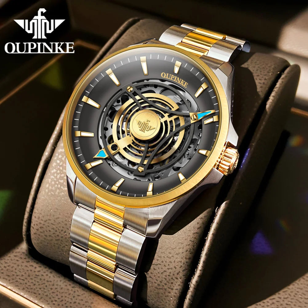 Oupinke 3206 Herren uhr Top Luxus 3D Himmel Auge Skelett Saphir Spiegel Herren automatische mechanische Uhr Marke wasserdichte Uhr