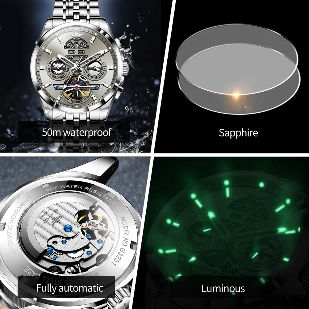 Oupinke Skelett Schwungrad Automatik uhr für Herren Edelstahl wasserdichte Armbanduhr Luxus Saphir Spiegel Herren uhr