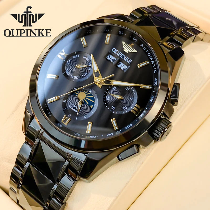 OUPINKE 3201 Men's Watch Top Luxury Brand Tungsten Steel Sapphire Mirror Waterproof Lunar Phase Men's Automatic Mechanical Watch