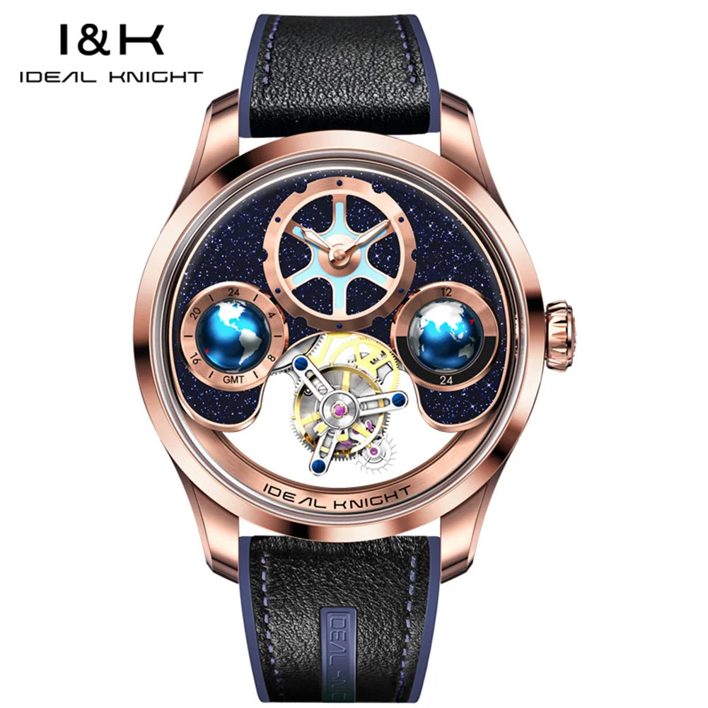 Ideal Knight 6805 Tourbillon Watch for Men 3D Rotating Blue Earth Design 12 Hours Tray Skeleton Waterproof Men's Wristwatches