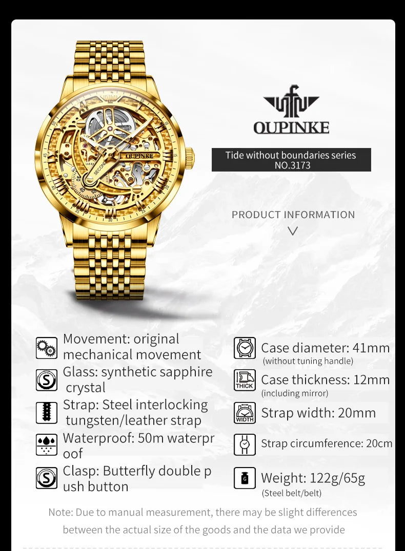 Oupinke High-End-Herren mechanische Uhren Skelett hohle automatische Mann Handuhr Luxus wasserdichte Herren Kleid Armbanduhr