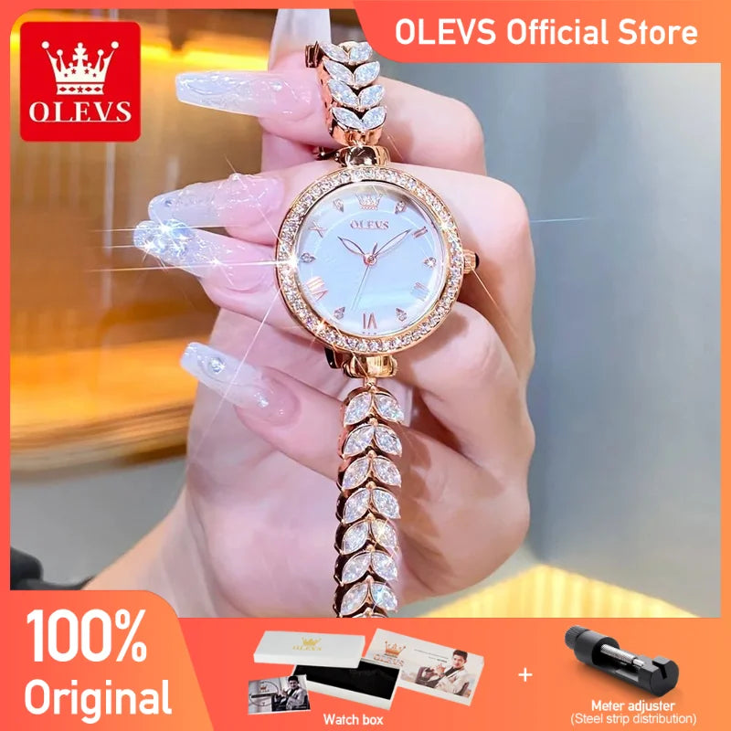 Olevs Damen uhren elegante Mode Original Armbanduhr wasserdichte Edelstahl Fischgräten armband leuchtende Hand Diamant Lünette