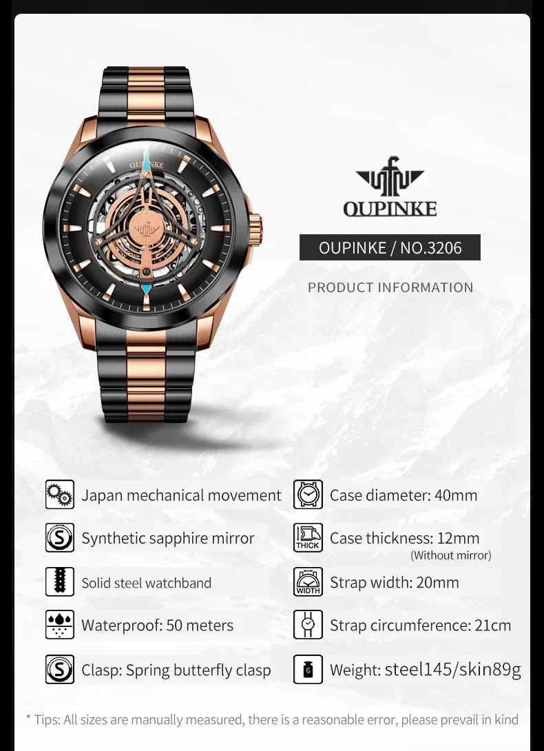 Oupinke 3206 Herren uhr Top Luxus 3D Himmel Auge Skelett Saphir Spiegel Herren automatische mechanische Uhr Marke wasserdichte Uhr