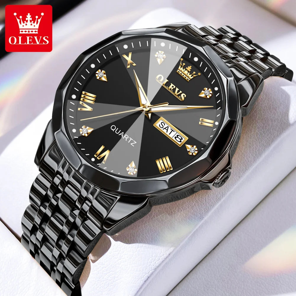 Olevs 9931 Quarzuhr für Männer Raute Spiegel Edelstahl wasserdicht Auto Datum Woche Uhr Einfachheit Luxus Herren Armbanduhr