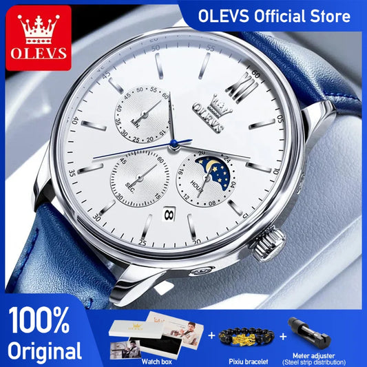 Olevs Herren uhren klassische drei kleine Ziffer blätter Multifunktions-Chronograph enuhr für Mann wasserdichtes Leder armband Mondphase Datum