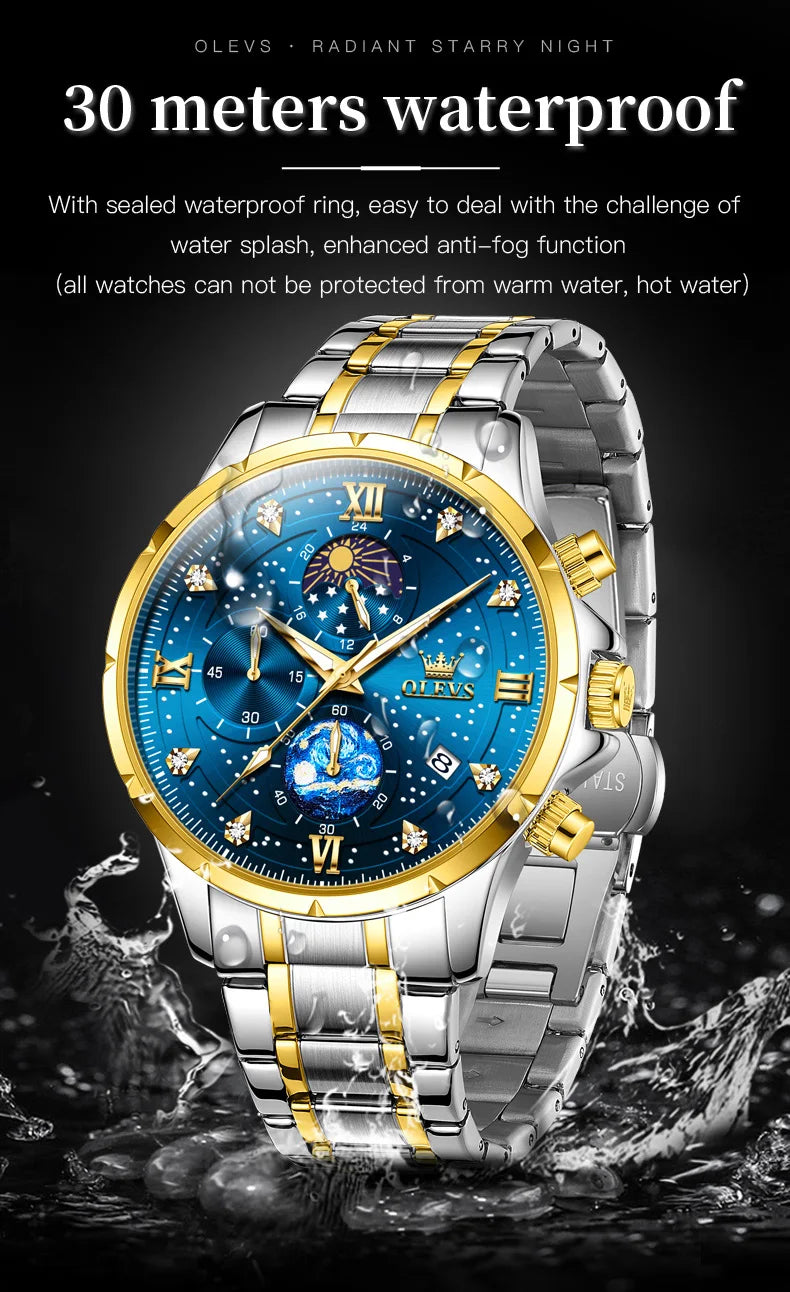 OLEVS Luxury Luminous Starry Sky Dial Men's Watches Moon Phase Waterproof Original Quartz Watch for Male Wristwatch Chronograph