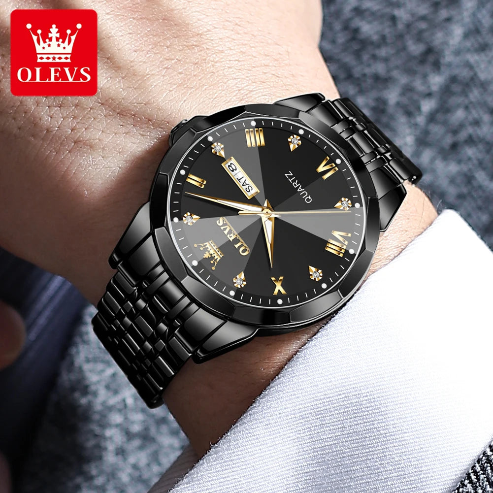 Olevs 9931 Quarzuhr für Männer Raute Spiegel Edelstahl wasserdicht Auto Datum Woche Uhr Einfachheit Luxus Herren Armbanduhr