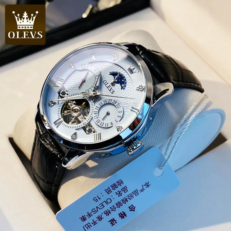 OLEVS herren Uhren Business Skeleton Automatische Mechanische Armbanduhr Wasserdicht Leder Kalender Datum Uhr für Mann Neue Ankunft