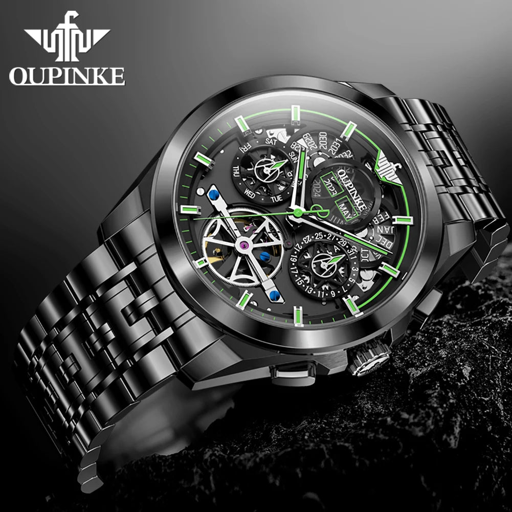 Oupinke 3235 schwarz Skelett Schwungrad automatische mechanische Uhren für Männer Multifunktions-Edelstahl Luxusmarke Armbanduhr