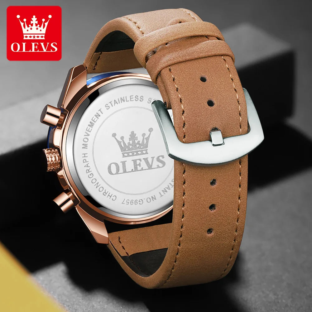 OLEVS herren Uhren Beliebte Mode Original Quarzuhr für Mann Chronograph Wasserdichte Leder Armbanduhr Luminous Mond Phase