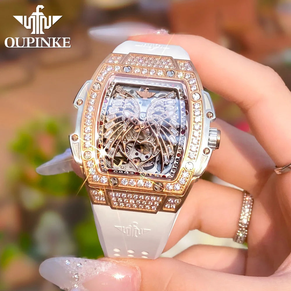 Oupinke 3225 Damen uhr Luxusmarke alle Diamant automatische mechanische Uhr klassische Silikon wasserdichte elegante Damen uhr