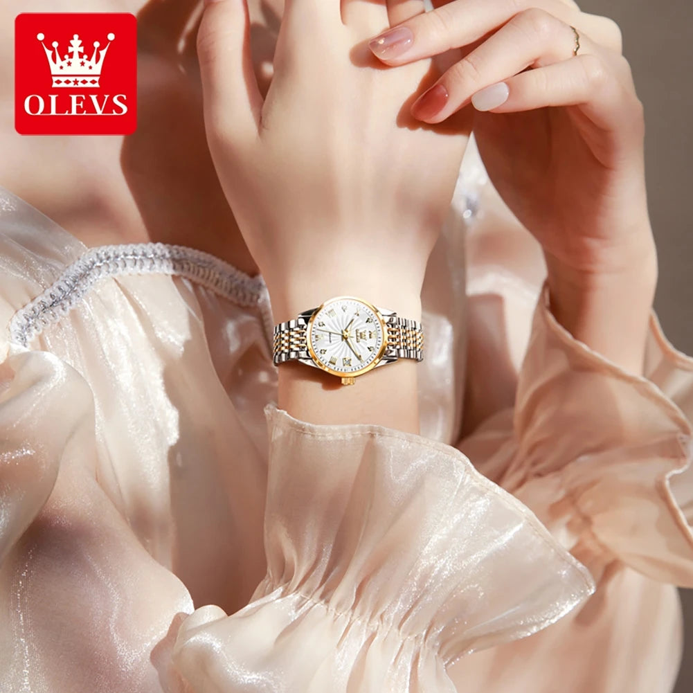 Olevs Luxusmarke Damen automatische mechanische Armbanduhr wasserdichte Edelstahl einfache Uhr für Frauen Geschenk für Mädchen