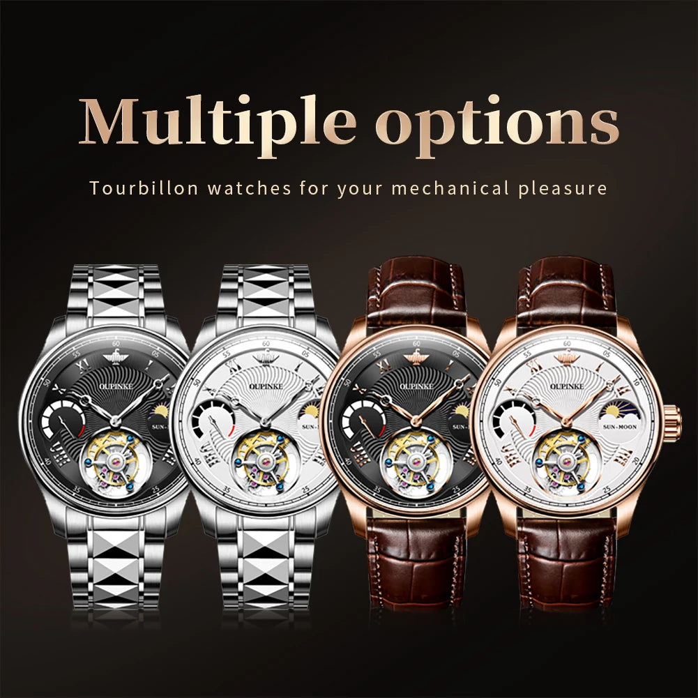 OUPINKE 8001 Tourbillon Men's Watch Luxury Brand Sapphire Waterproof Luminous Moonphase Watch Men's Automatic Mechanical Watch