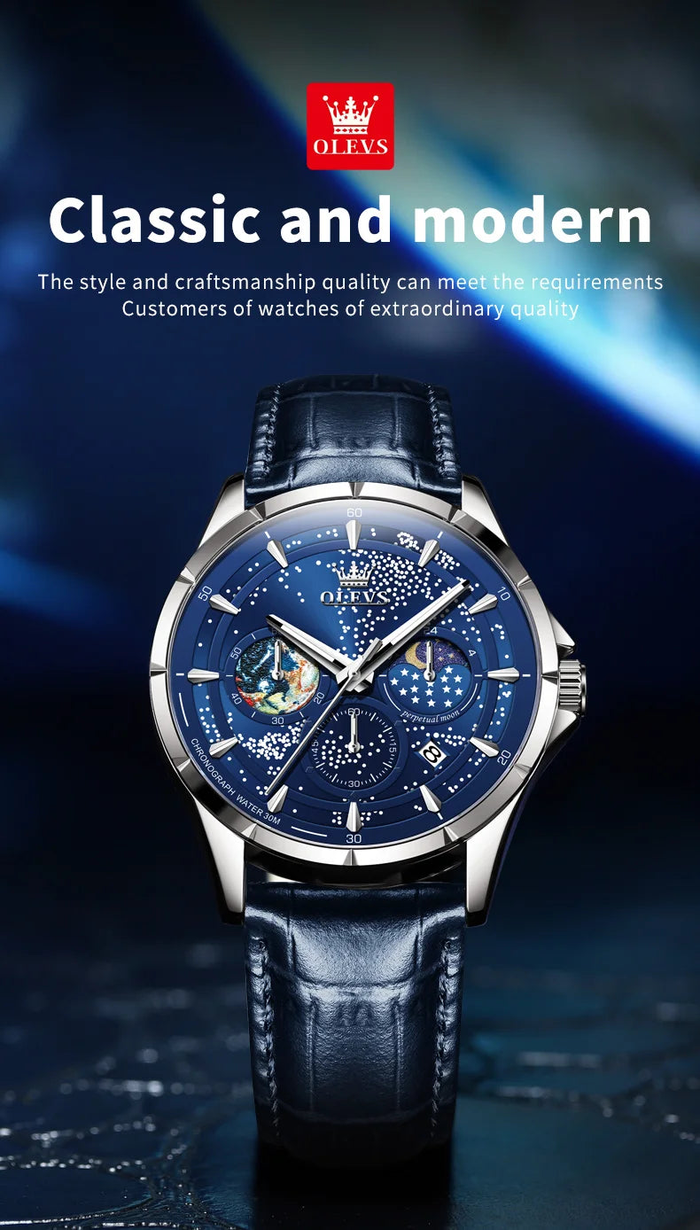 Olevs Herren uhren multifunktion ale Original Quarz Armbanduhr wasserdichte Leder Leucht uhr für Mann Chronograph Mondphase