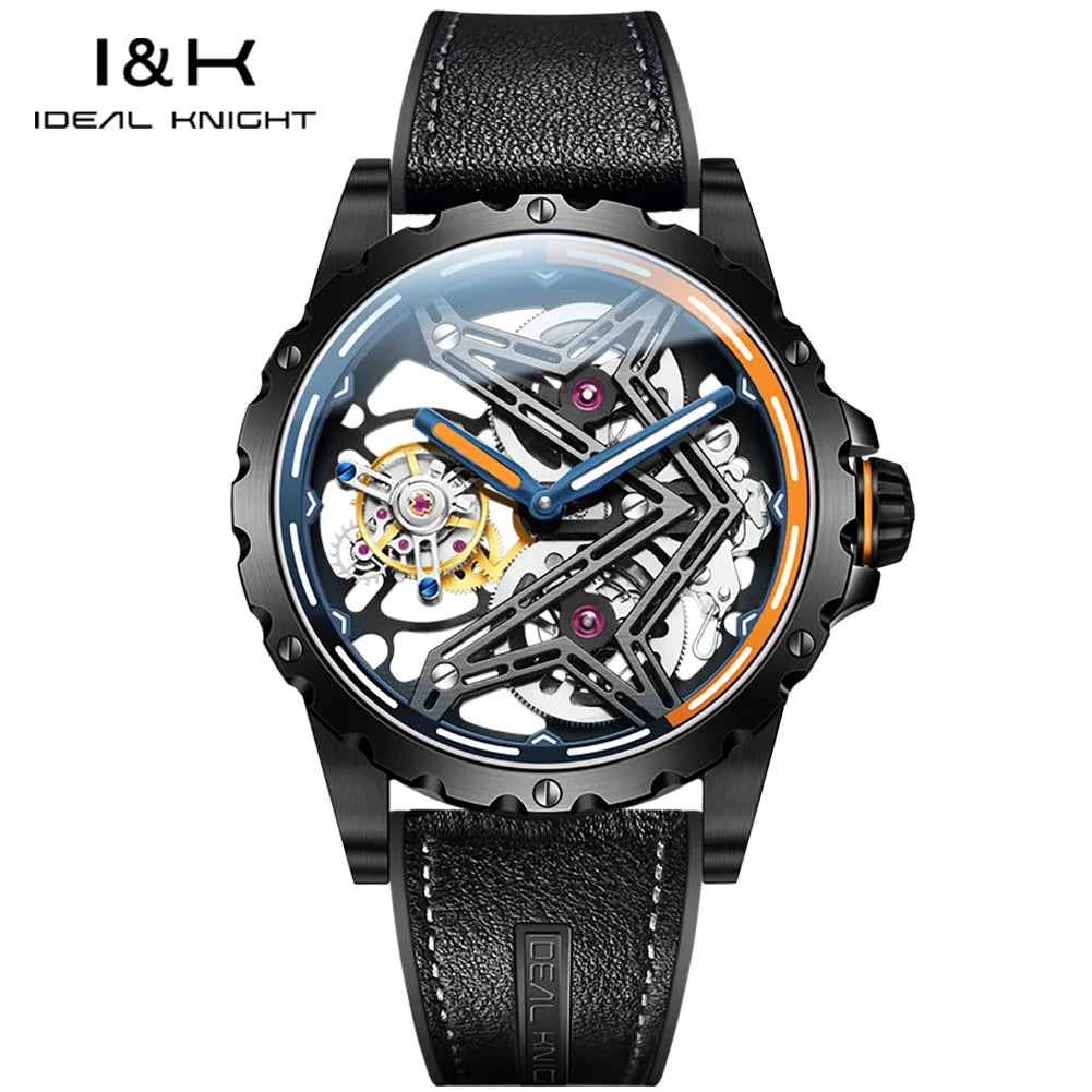 Ideal Knight Tourbillon Automatic Watch for Men Orange Blue Luminous Dial Fashion Black Steel Strap Hand Clock Great Wall Series