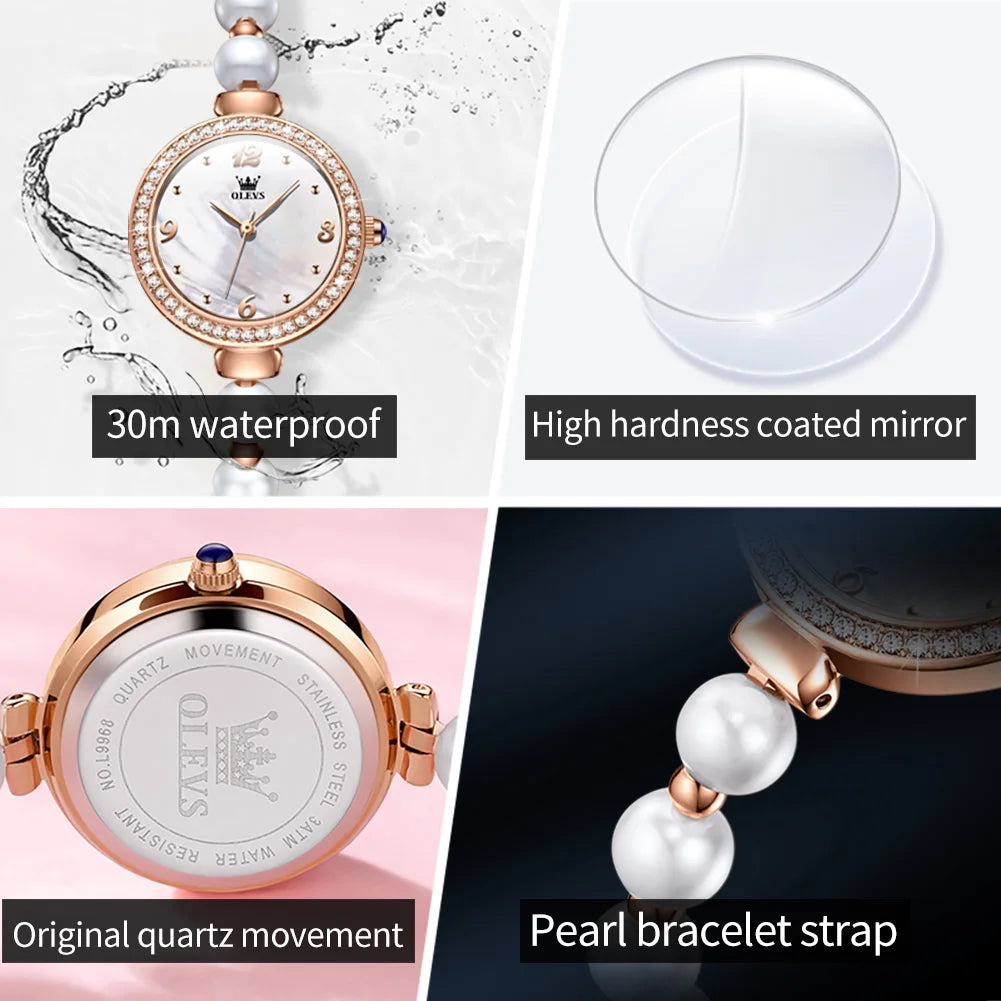 OLEVS 9968 Frauen Uhr Elegante Mode Original Kleine Zifferblatt Quarz Armbanduhr Wasserdichte Perle Uhr Kette Damen Uhr Box Reloj