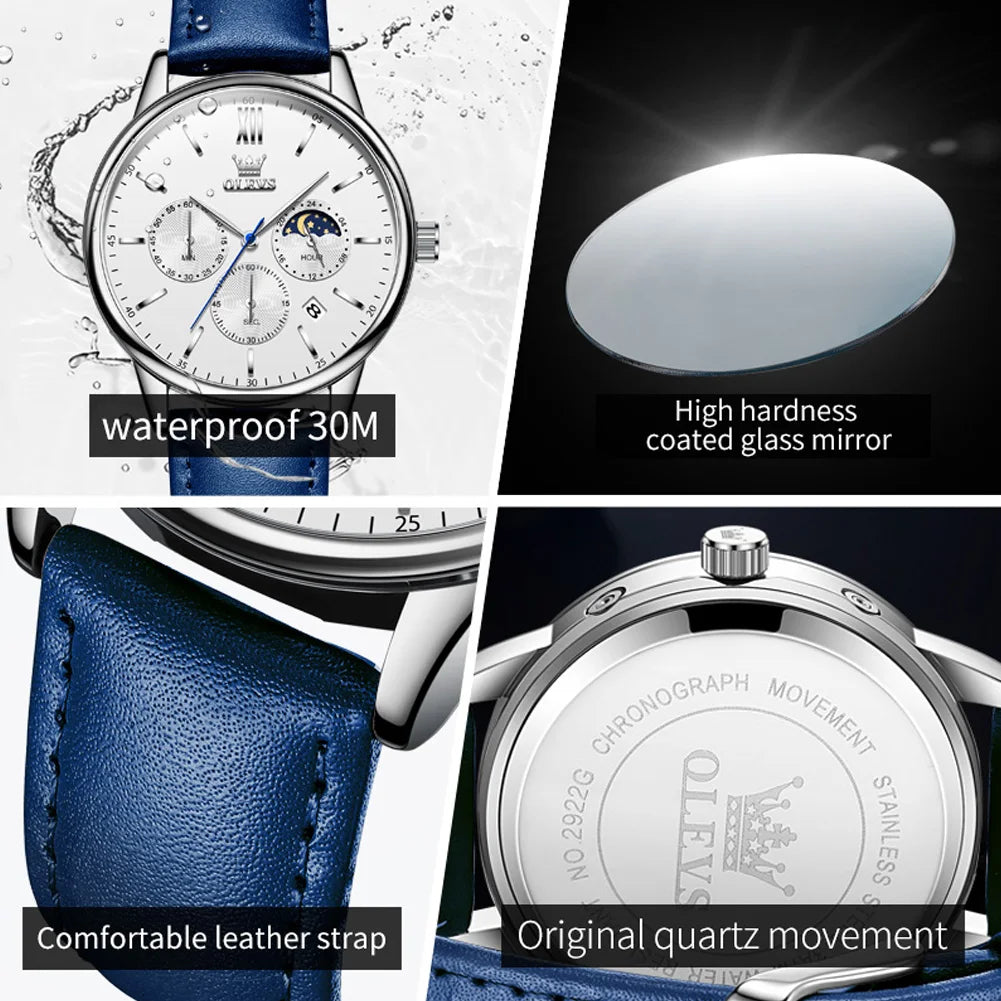 Olevs Herren uhren klassische drei kleine Ziffer blätter Multifunktions-Chronograph enuhr für Mann wasserdichtes Leder armband Mondphase Datum