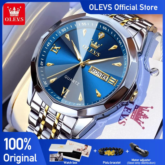 OLEVS 9998 Herrenuhr Original Rhombus Mirror Quarzuhr für Herren, wasserdicht, leuchtend, Edelstahl, Dual-Kalenderanzeige